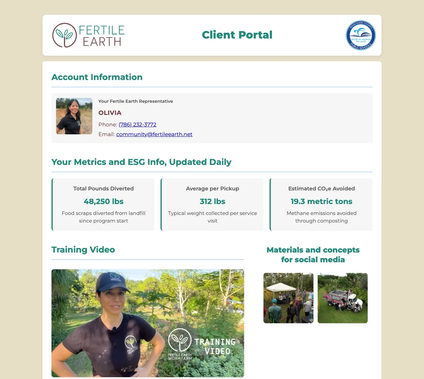 Sample Fertile Earth client portal showing total pounds diverted, average per pickup and estimated CO2 avoided