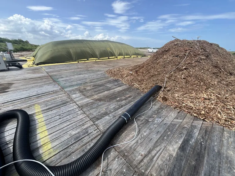 Aeration piping connecting blowers to compost piles on top of South Dade Landfill