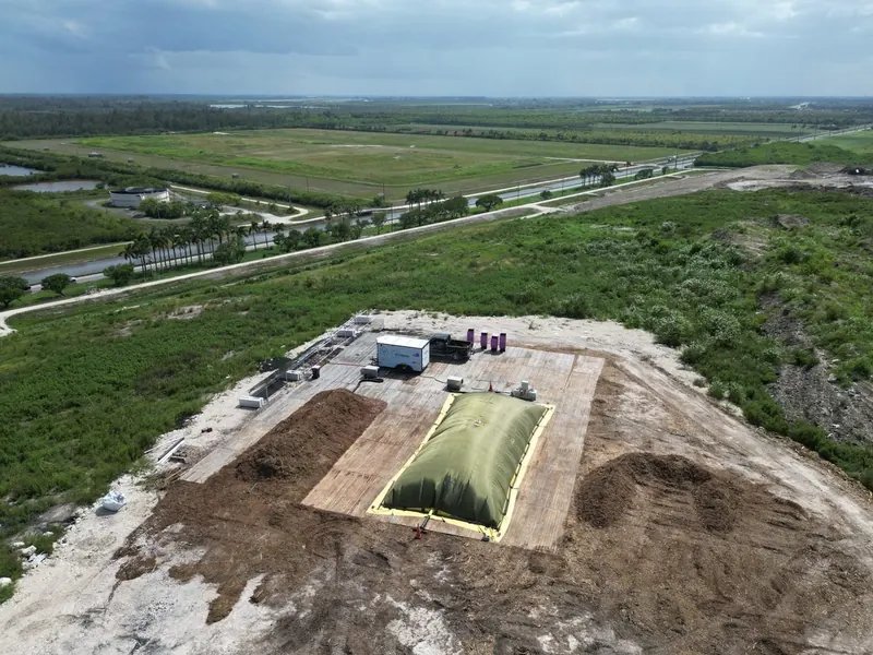 Aerial view of Compost Zone One, the Fertile Earth compost testing site on top of the South Dade Landfill