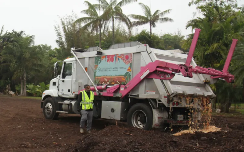 A Fertile Earth truck unloading food scraps at the processing site