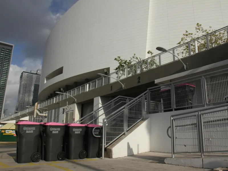 Fertile Earth composting toters lined up outside a downtown Miami arena
