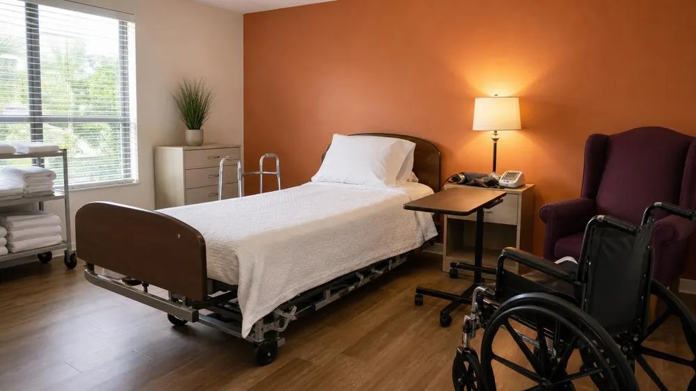 A home health practice room with a home-care bed, walker, wheelchair and bedside table