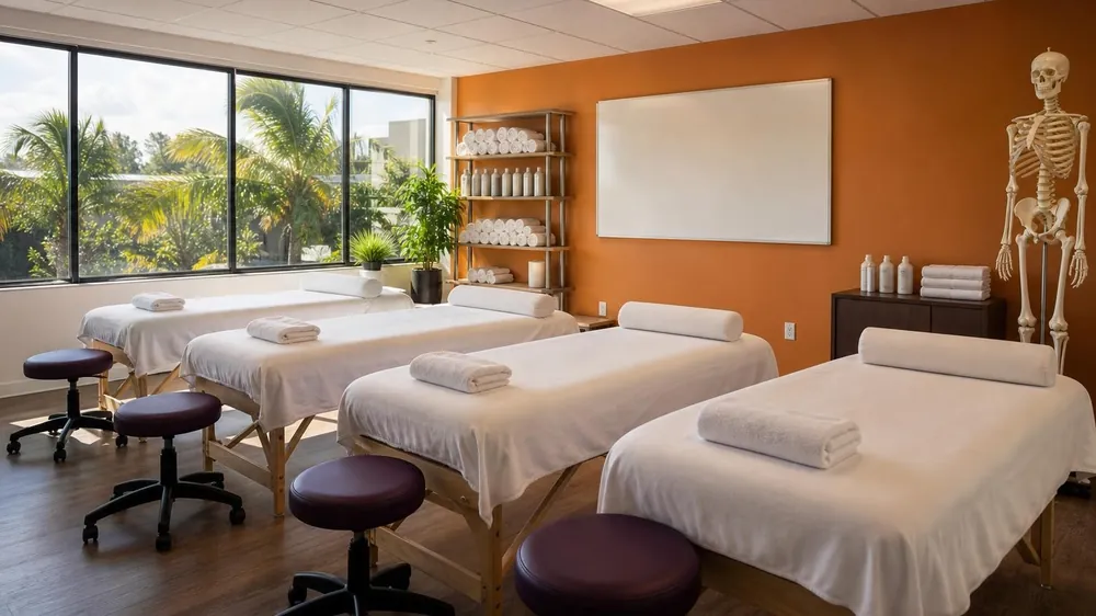 A massage therapy classroom with four massage tables, a skeleton model and an orange accent wall