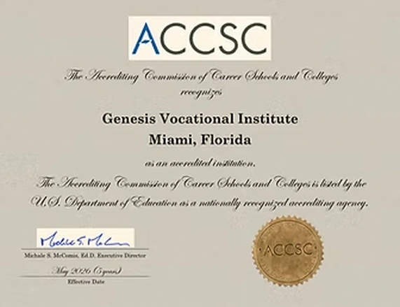 ACCSC certificate recognizing Genesis Vocational Institute as a nationally accredited institution