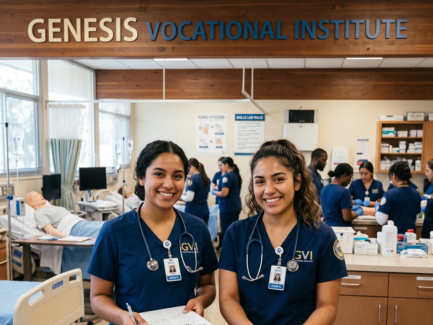 Genesis Vocational Institute students in scrubs practicing clinical skills in the campus lab