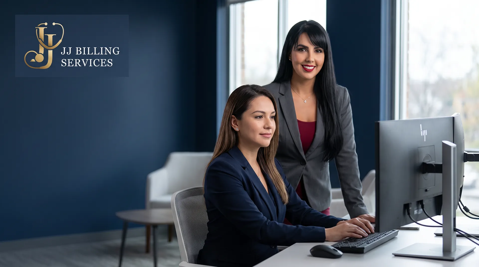 Two JJ Billing Services specialists working together at a monitor in the company's navy-walled office