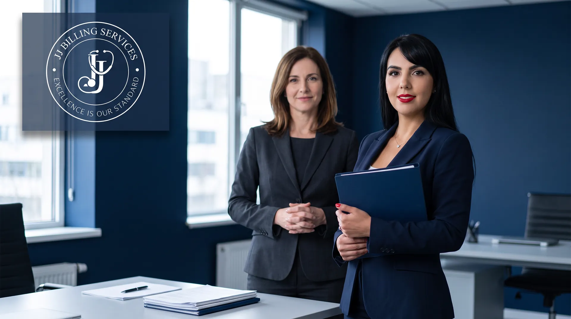Two JJ Billing Services team members standing in the company's office, ready to help