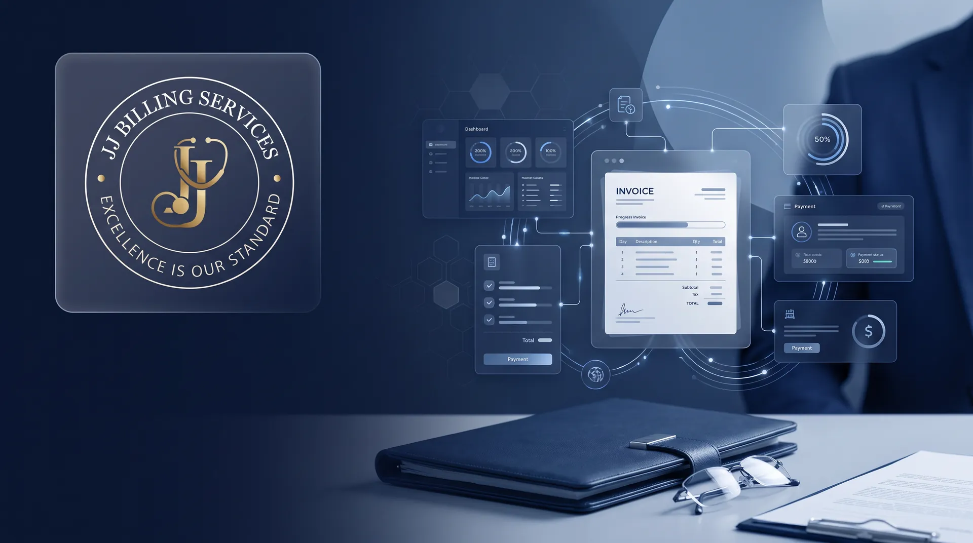 The JJ Billing Services seal — Excellence is our standard — beside a floating medical-billing dashboard, invoice and payment cards above a desk