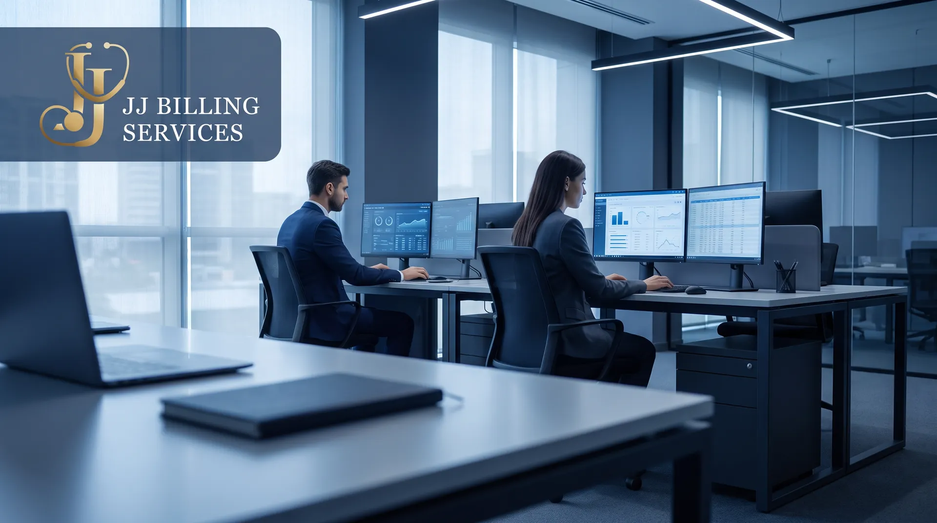Two JJ Billing Services billing specialists working claims on dual monitors in the company's office