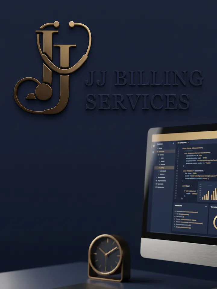 The JJ Billing Services monogram above a workstation in the company's navy and gold style