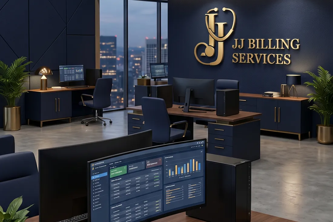 The JJ Billing Services office — navy and gold workspace with billing dashboards on screen