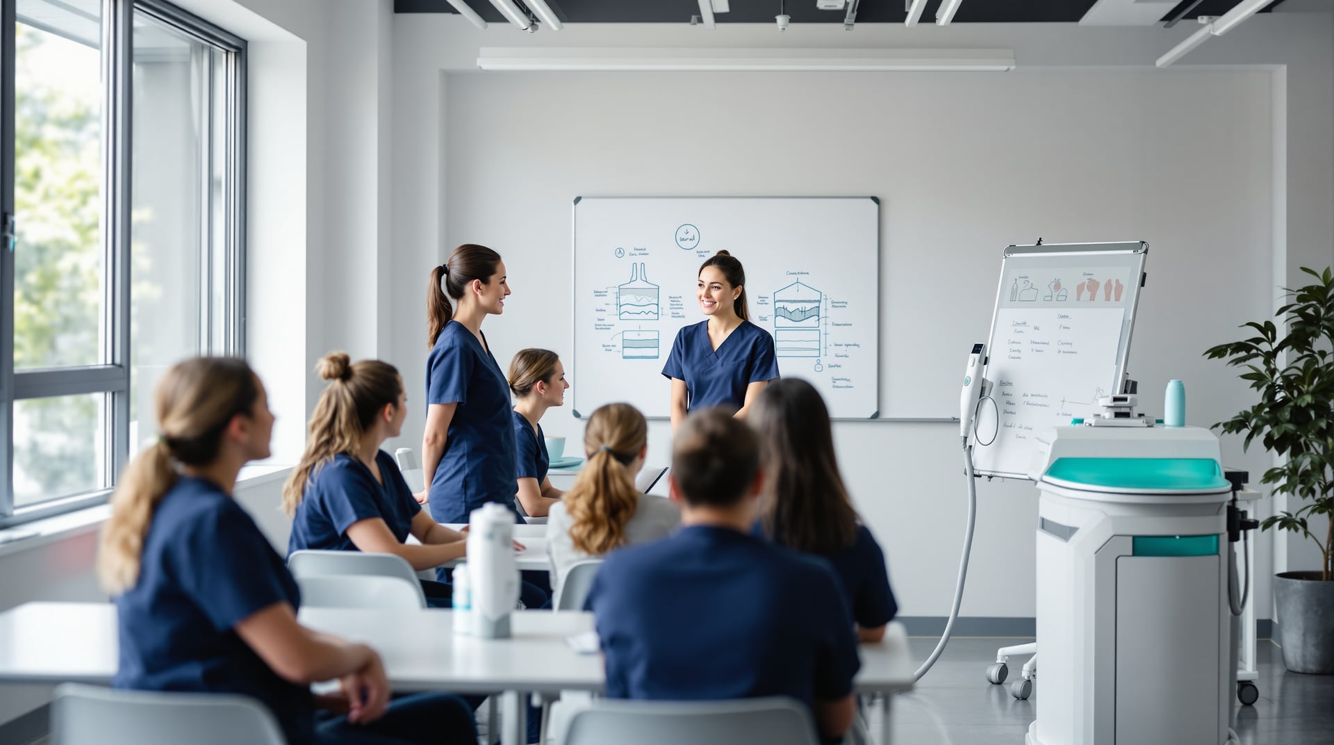 A small group of adult students in navy scrubs sit at tables in a bright classroom while an instructor presents beside an aesthetic laser machine.