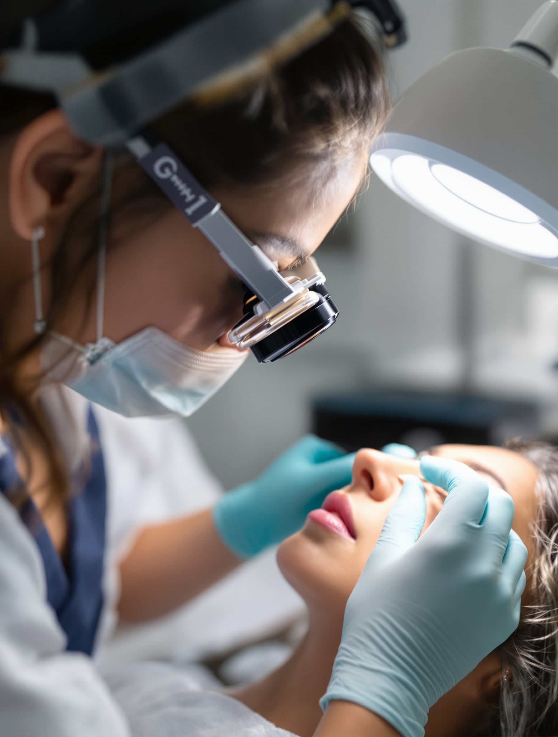 A practitioner wearing magnifying loupes and gloves performs a fine-probe electrolysis treatment on a client's face.