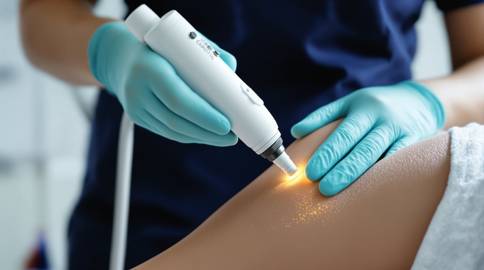 Close-up of gloved hands guiding a white laser handpiece over a client's skin with a soft glow at the tip.