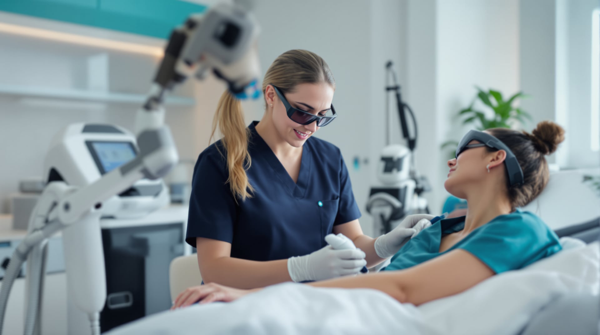 A student in navy scrubs and protective glasses performs a laser hair removal treatment on a client's arm while an instructor looks on in a bright clinical classroom.