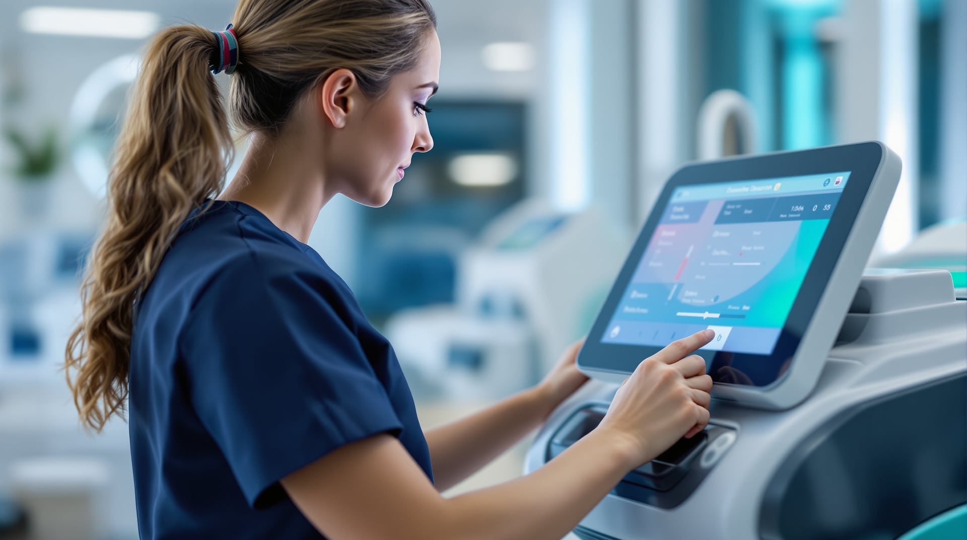 A practitioner in navy scrubs adjusts settings on the touchscreen console of a medical laser system.