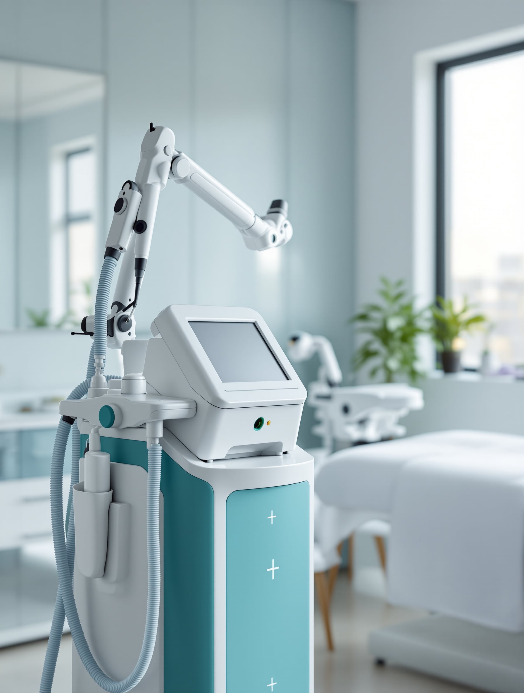A professional aesthetic laser machine with a touchscreen console and handpieces in a bright clinic treatment room.