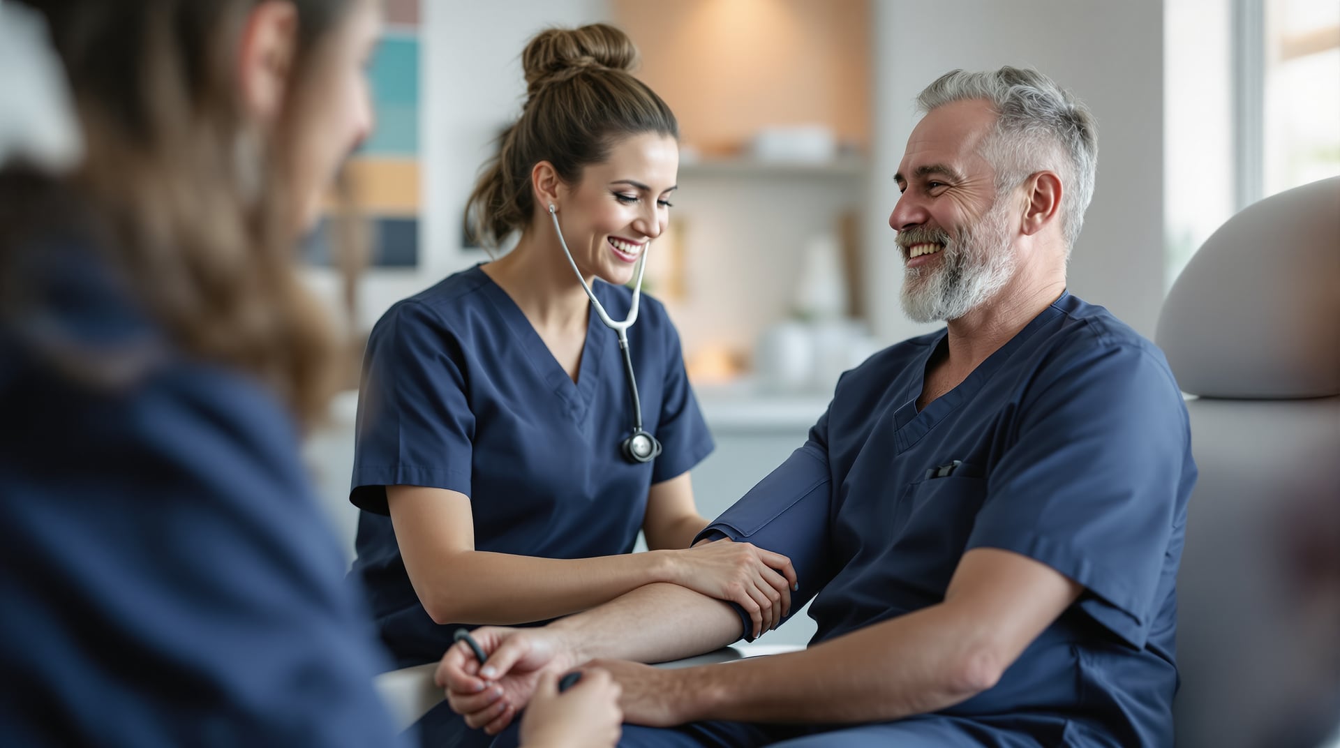 A smiling medical assistant in navy scrubs checks a seated patient's blood pressure in a bright exam room.