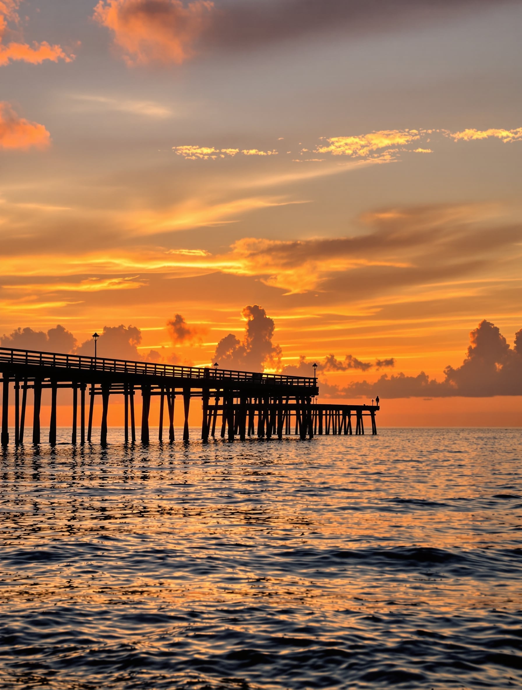 A vivid orange sunset over the Gulf of Mexico with a pier silhouetted on the horizon at Naples, Florida.