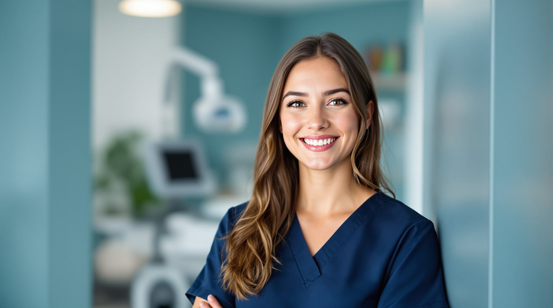 A confident, smiling student in navy scrubs stands in a bright clinic treatment room with laser equipment behind her.
