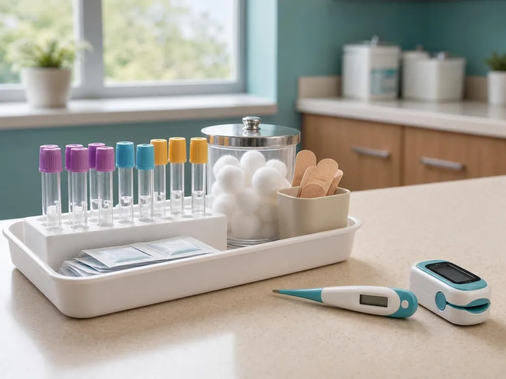 Illustration of a clinical practice tray with specimen tubes, cotton balls, bandages, a thermometer and a pulse oximeter
