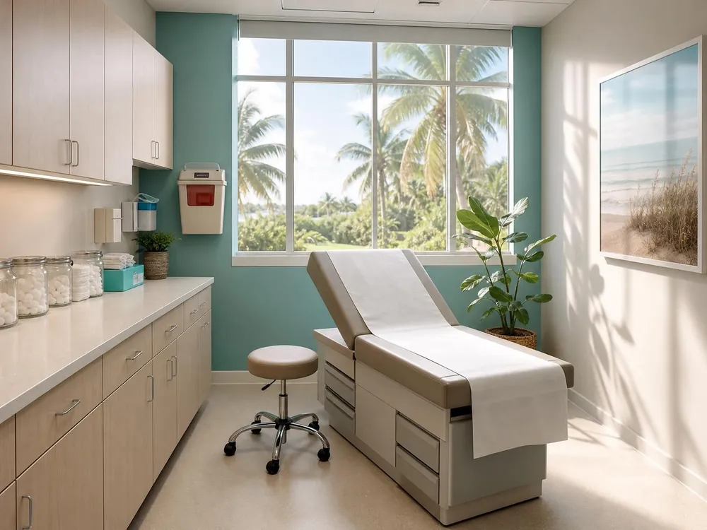Illustration of an exam room with a teal accent wall, an exam table and a window with palm trees