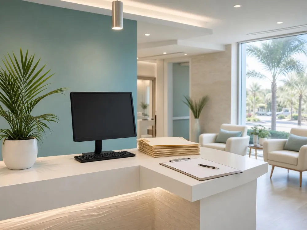 Illustration of a medical office front desk with a computer, patient folders and a clipboard