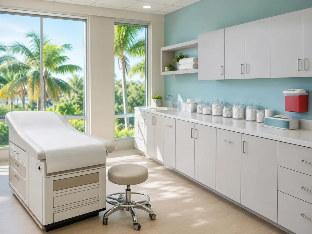 Illustration of a bright medical assisting training room with an exam table, a supply counter and palm trees outside the windows