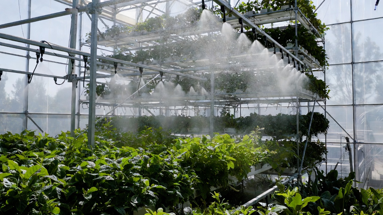 Fogponic misting system over leafy crops