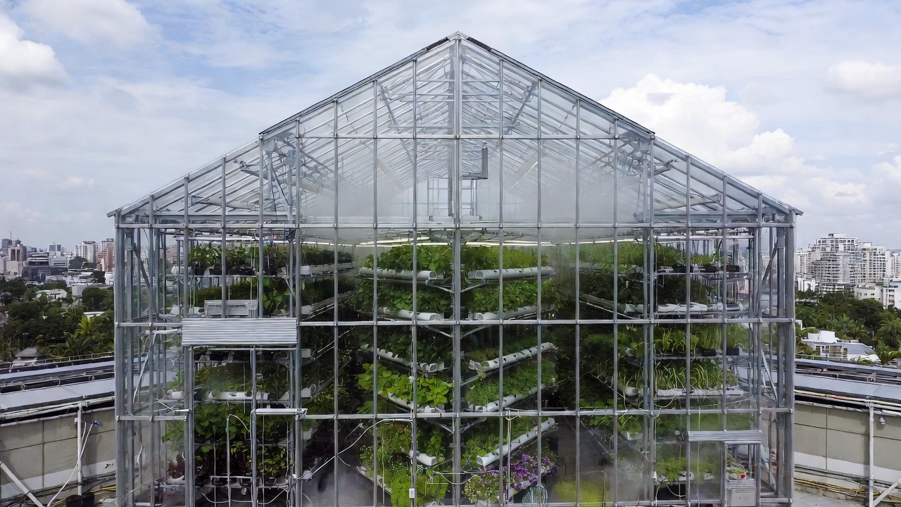 Rooftop hydroponic greenhouse overlooking the city