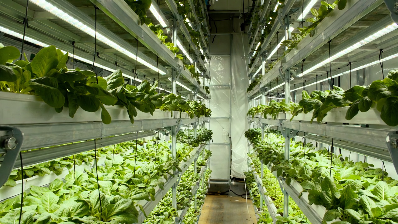Vertical racks of fresh lettuce growing under LED lights